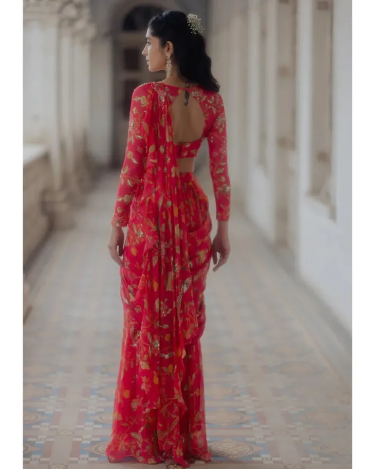 Pink Georgette Embroidery Pre-Stitched Sari Set