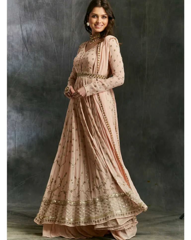 Pink Georgette Front Open Jacket Set
