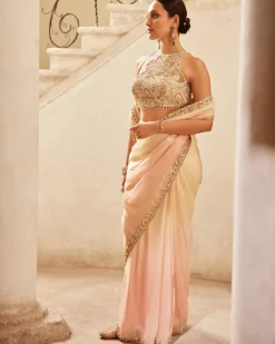 Pink Ivory Ombre Organza Sari Set