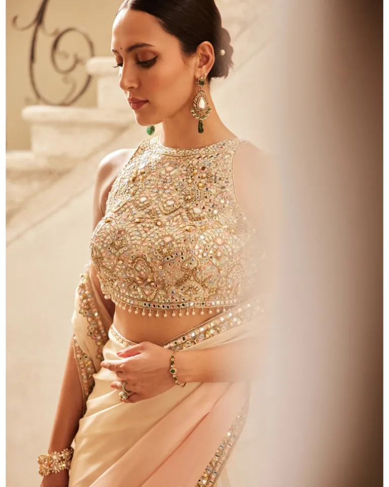 Pink Ivory Ombre Organza Sari Set