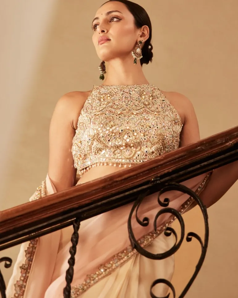 Pink Ivory Ombre Organza Sari Set