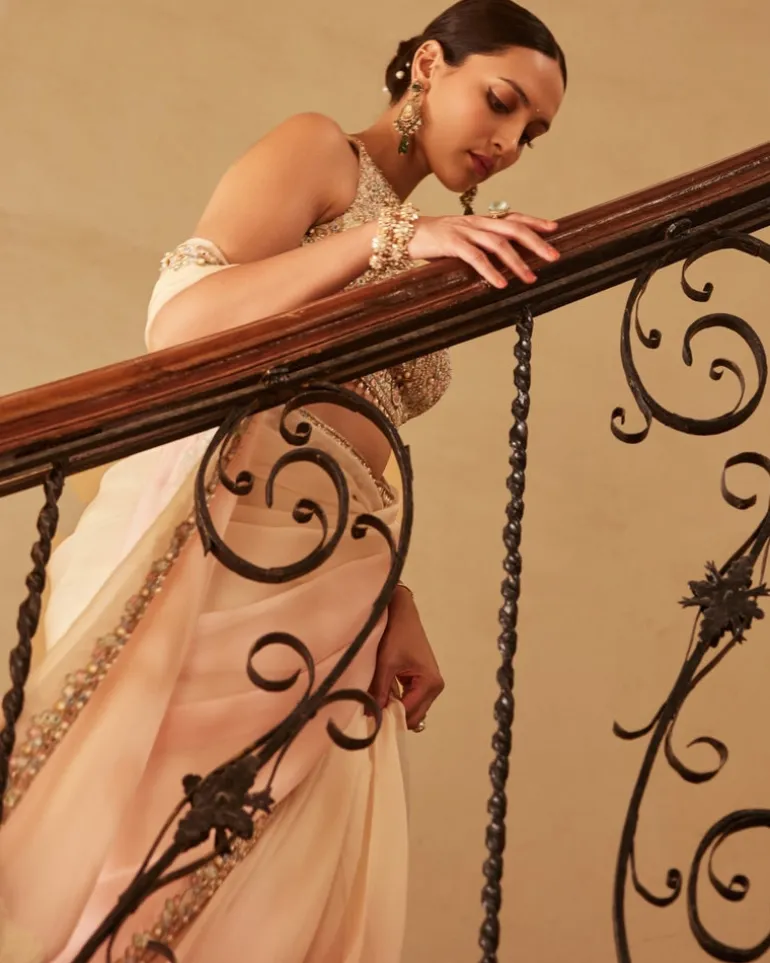Pink Ivory Ombre Organza Sari Set