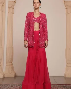 Pink Linear Jacket And Gharara Set
