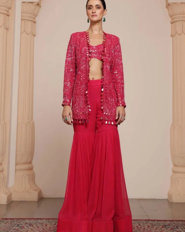 Pink Linear Jacket And Gharara Set