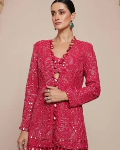 Pink Linear Jacket And Gharara Set