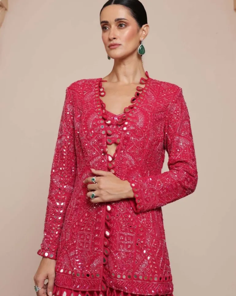 Pink Linear Jacket And Gharara Set