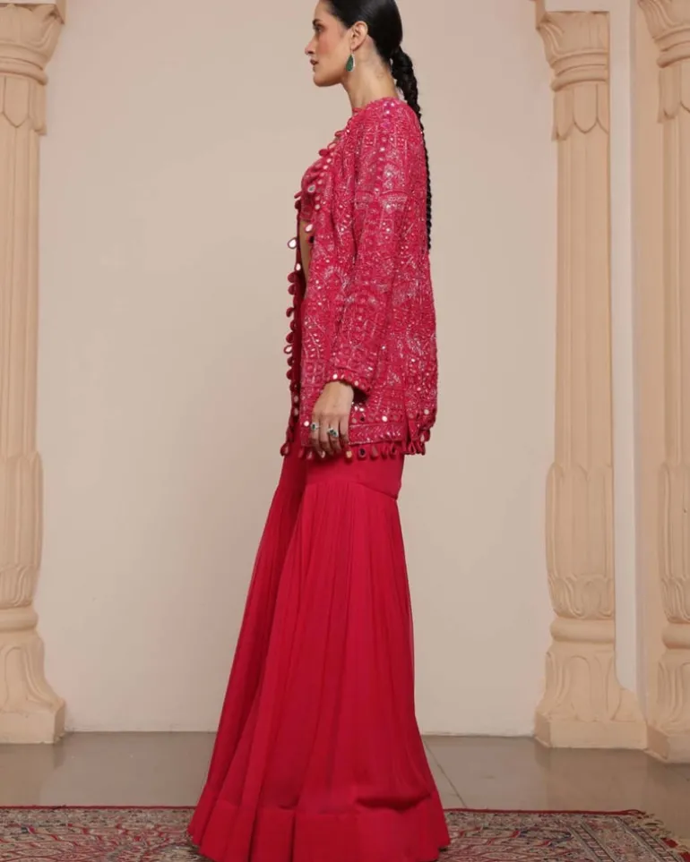 Pink Linear Jacket And Gharara Set