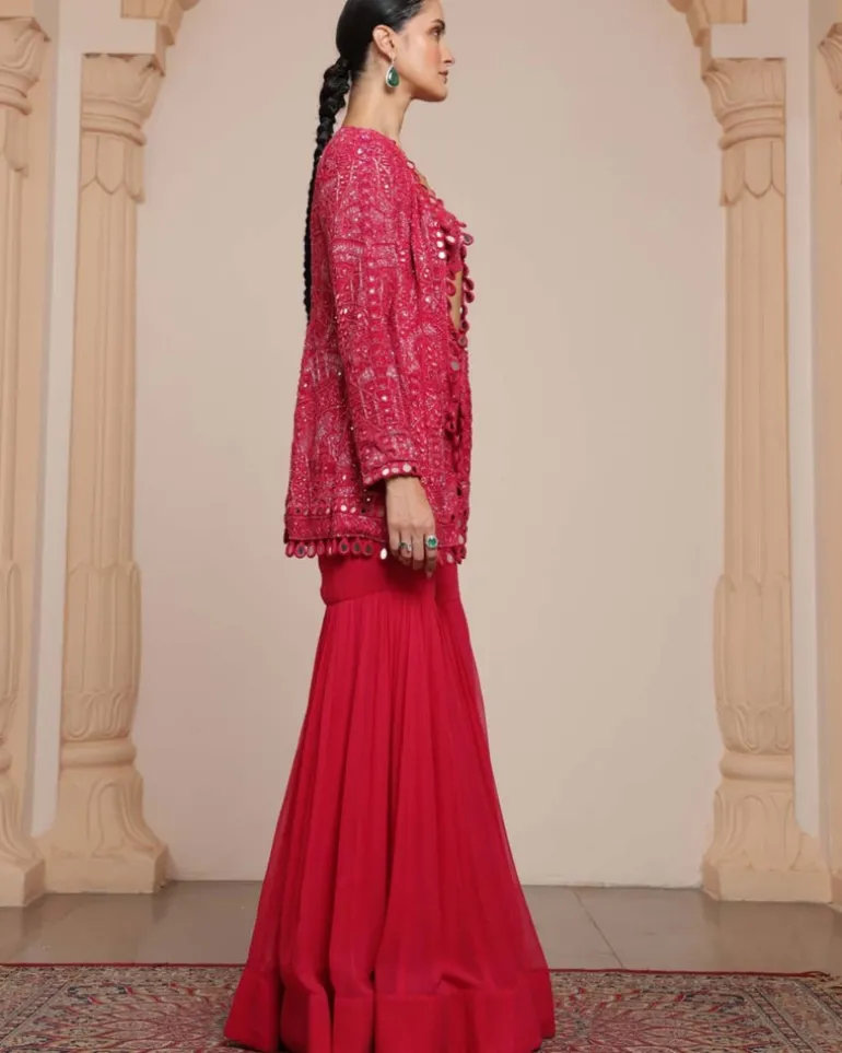 Pink Linear Jacket And Gharara Set