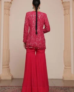 Pink Linear Jacket And Gharara Set