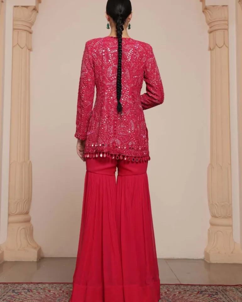 Pink Linear Jacket And Gharara Set