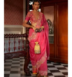 Pink Mughal Cutwork Organza Sari Set