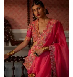 Pink Mughal Cutwork Organza Sari Set