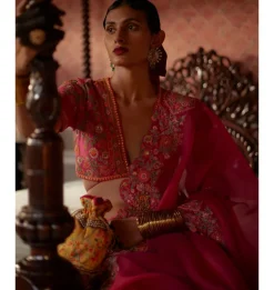 Pink Mughal Cutwork Organza Sari Set