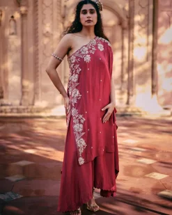 Pink One Shoulder Kurta With Asymmetrical Palazzo set