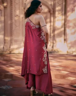 Pink One Shoulder Kurta With Asymmetrical Palazzo set