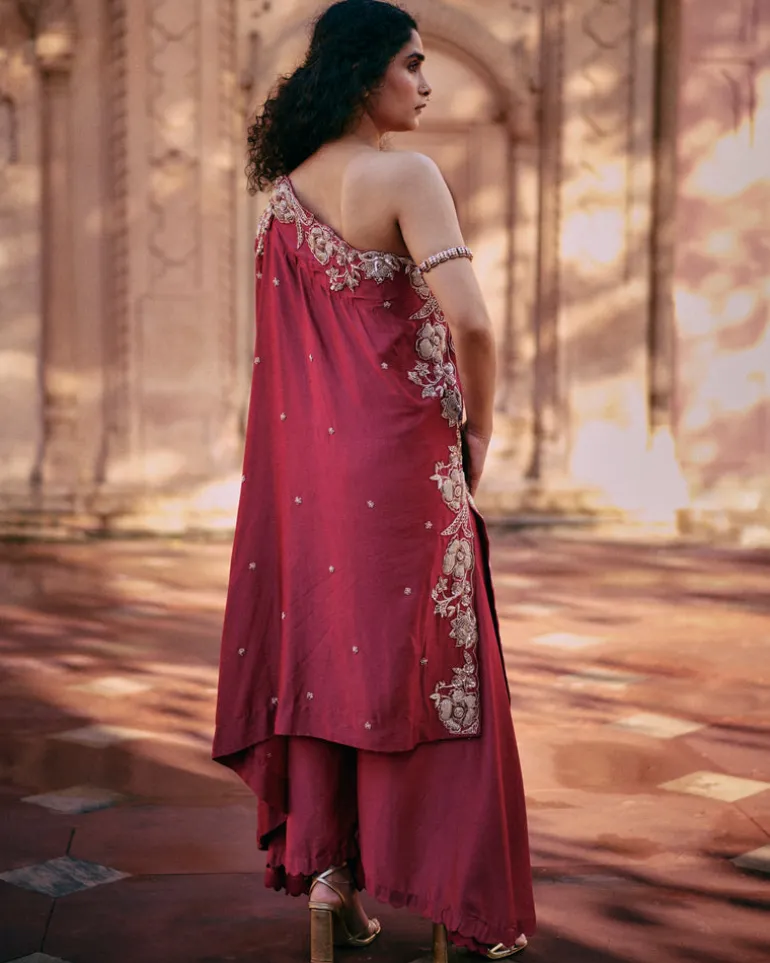 Pink One Shoulder Kurta With Asymmetrical Palazzo set
