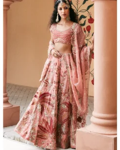 Pink Organza Embroidered Lehenga Set