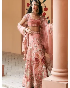 Pink Organza Embroidered Lehenga Set