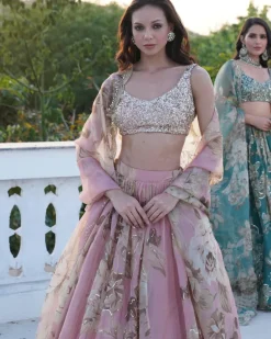 Pink Organza Floral Lehenga Set