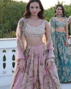 Pink Organza Floral Lehenga Set