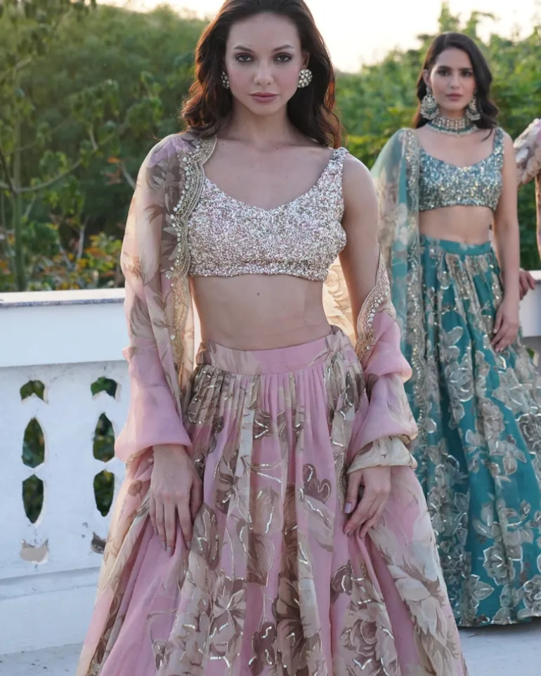 Pink Organza Floral Lehenga Set