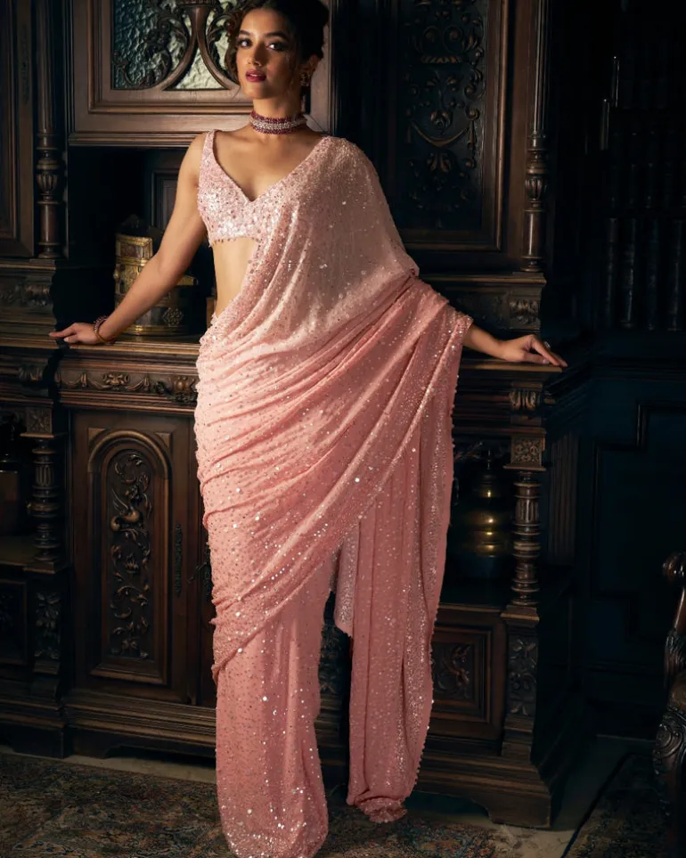 Pink Sequin Georgette Sari Set
