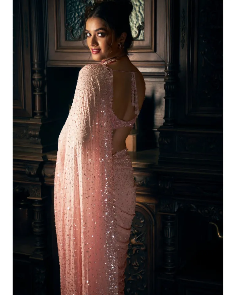 Pink Sequin Georgette Sari Set