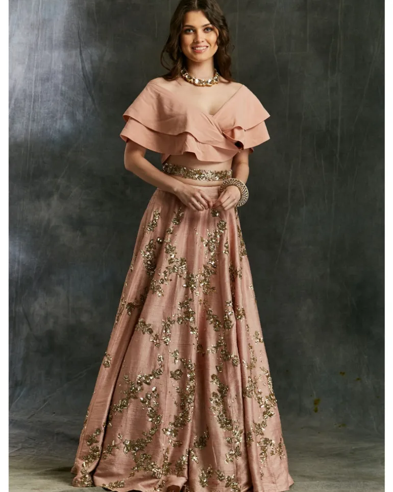 Pink Sequin Jaal Lehenga With Frill Blouse