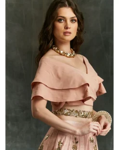 Pink Sequin Jaal Lehenga With Frill Blouse