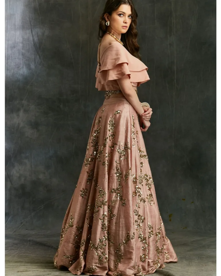 Pink Sequin Jaal Lehenga With Frill Blouse