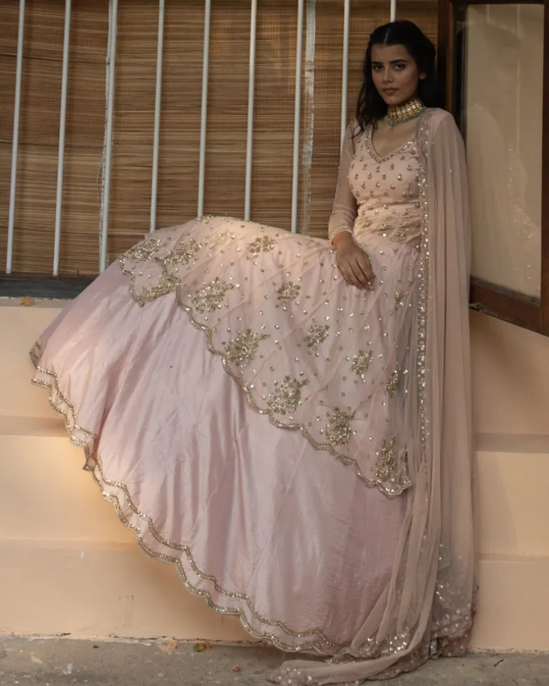 Pink Sequin Net With Pink Silk Skirt