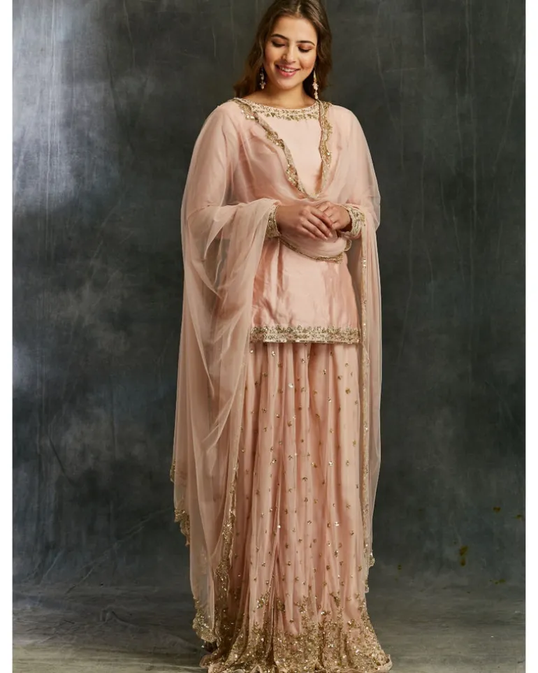 Pink Silk Kurta With Shimmer Sharara