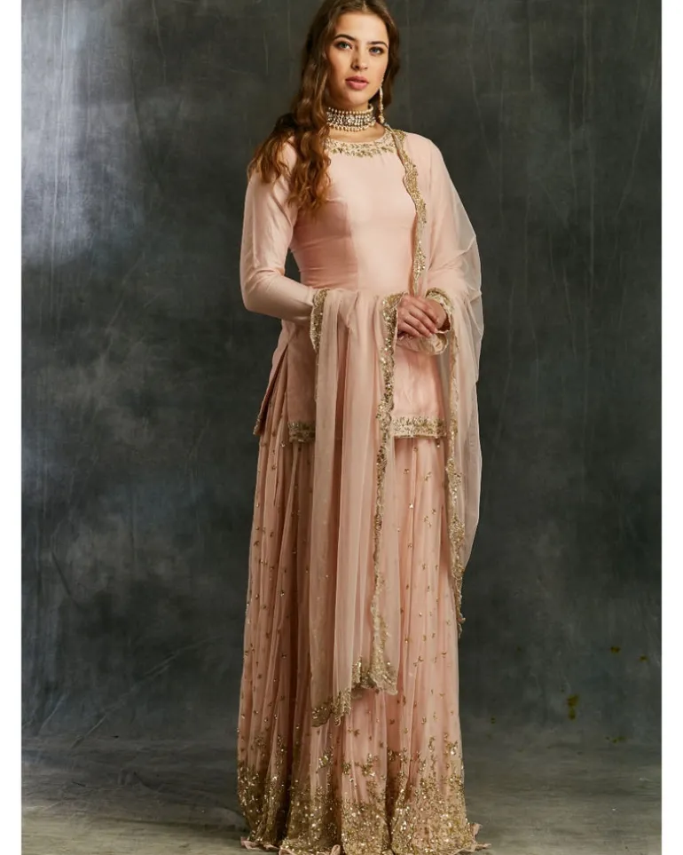 Pink Silk Kurta With Shimmer Sharara