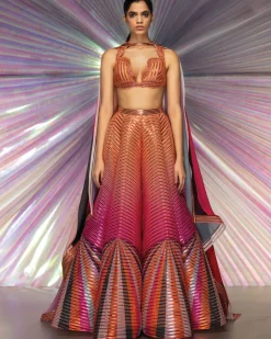 Pink Striped Metallic Lehenga Set