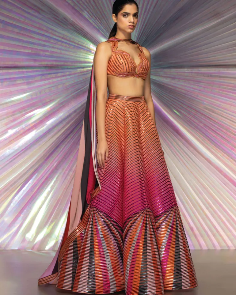 Pink Striped Metallic Lehenga Set