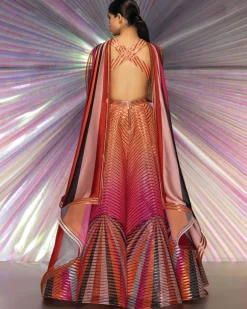 Pink Striped Metallic Lehenga Set