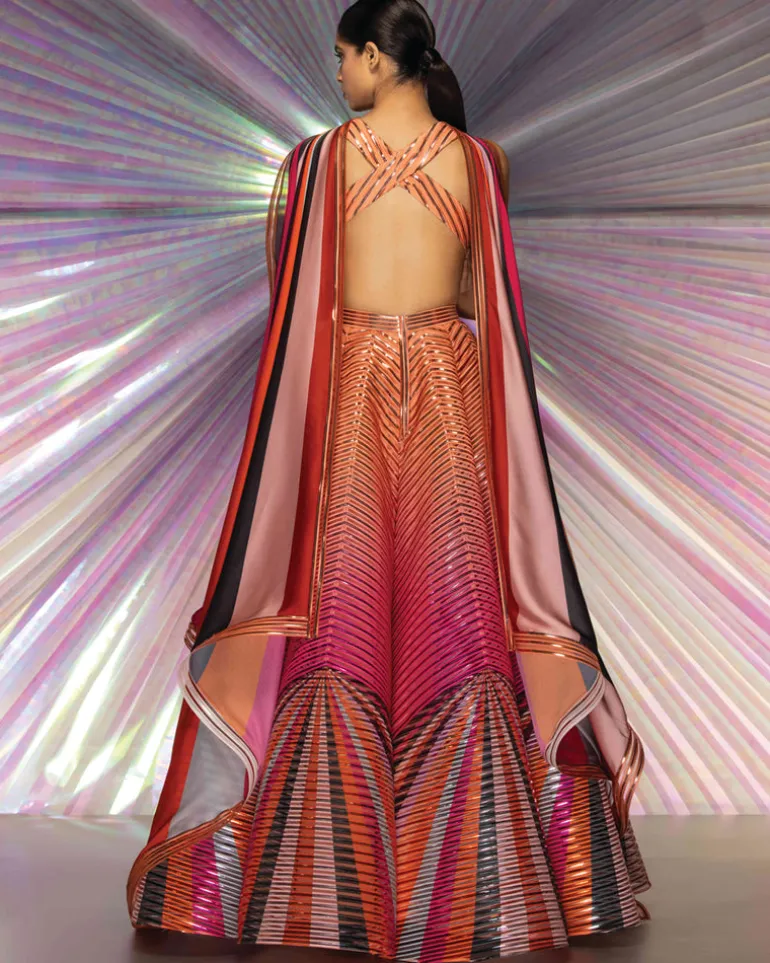 Pink Striped Metallic Lehenga Set