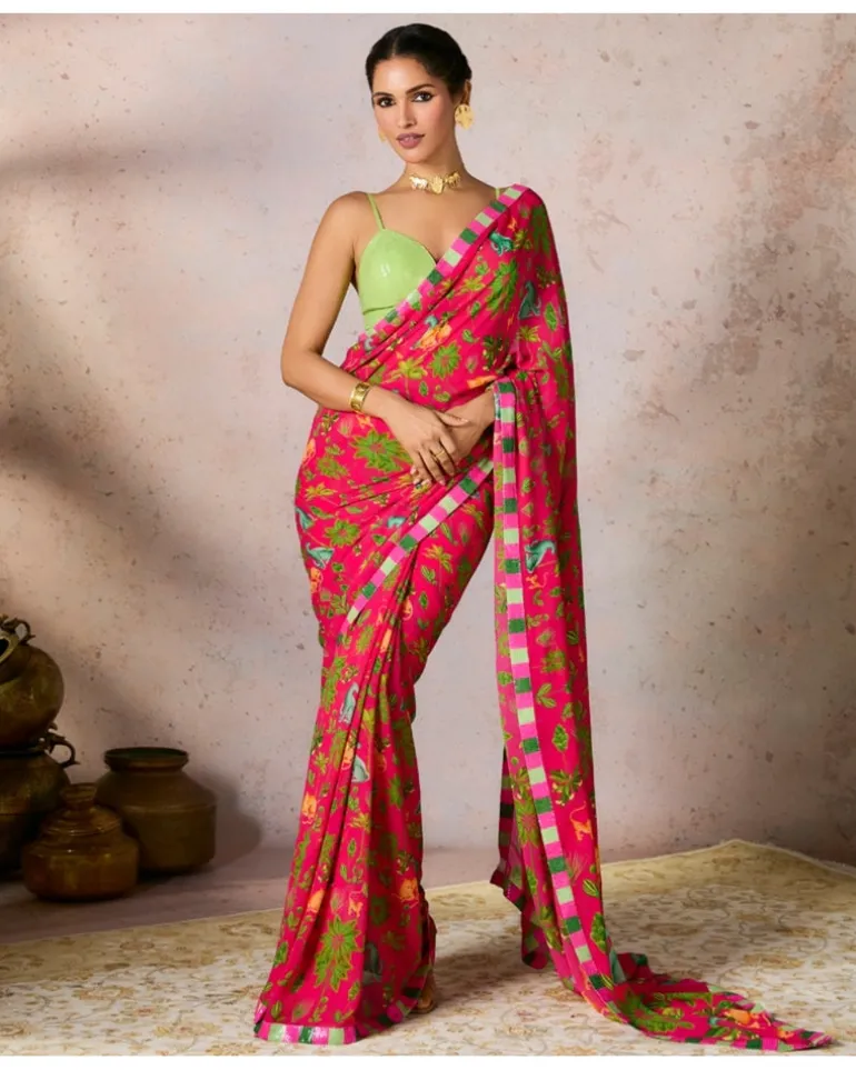 Pink Tropical Rhapsody Sari Set