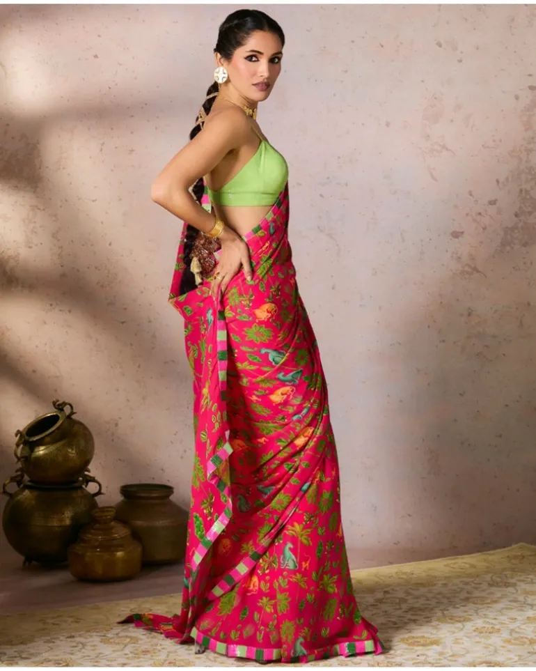 Pink Tropical Rhapsody Sari Set
