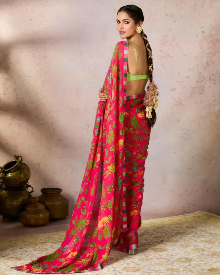 Pink Tropical Rhapsody Sari Set