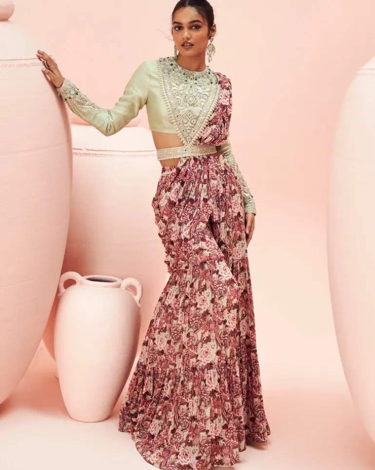 Pistachio Abstract Floral Palazzo Sari