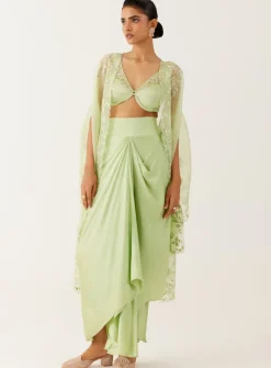 Pistachio Green Sequined Cape And Draped Skirt Set