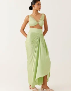 Pistachio Green Sequined Cape And Draped Skirt Set