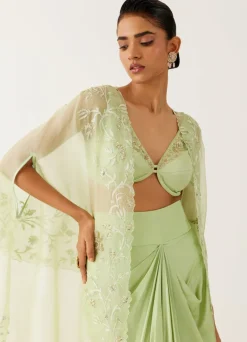 Pistachio Green Sequined Cape And Draped Skirt Set