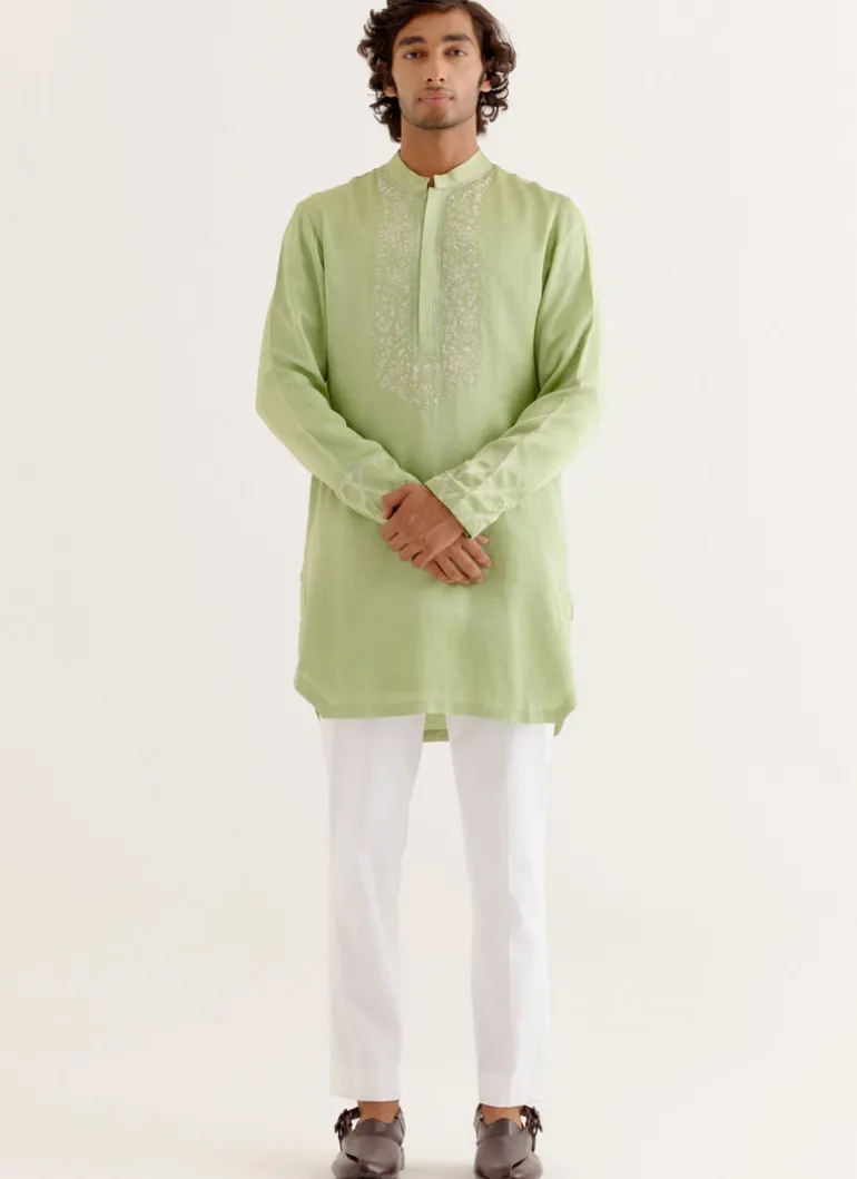 Pistachio Green Silk Satin Dori Embroidered Kurta Set