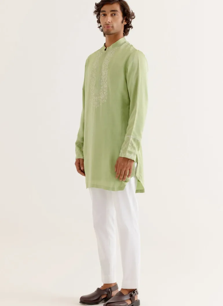 Pistachio Green Silk Satin Dori Embroidered Kurta Set
