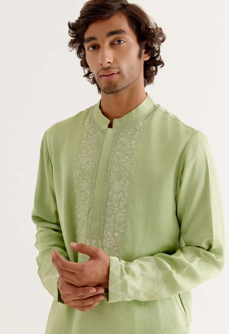 Pistachio Green Silk Satin Dori Embroidered Kurta Set