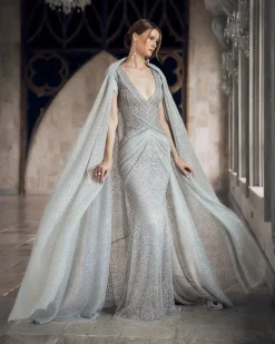 Platinum Dust Gown With Cape