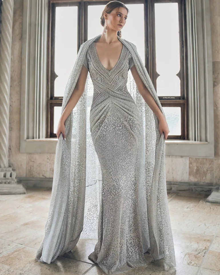 Platinum Dust Gown With Cape