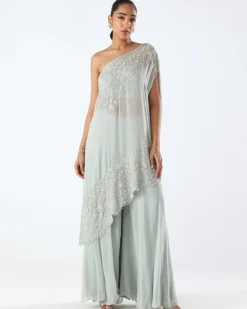 Powder Blue Embroidered One Shoulder Kaftan & Sharara Set